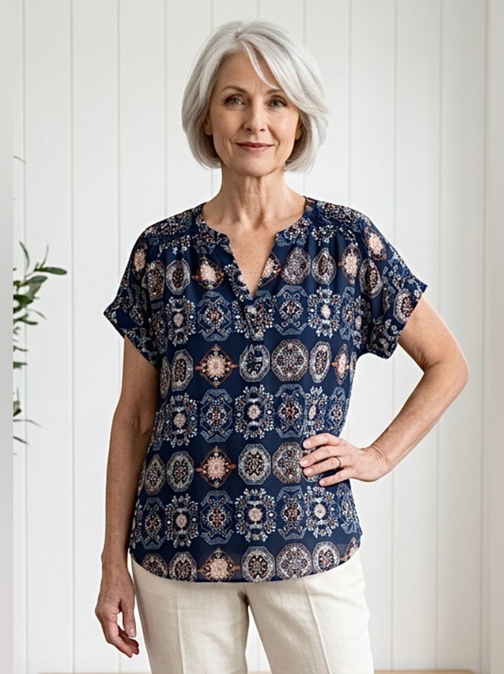 Ladies DR2 Relaxed Fit Short Sleeved Tunic Navy Geometric Print Size XL